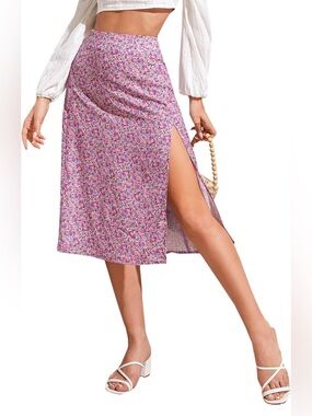 Pink Floral Side-Slit Midi Skirt